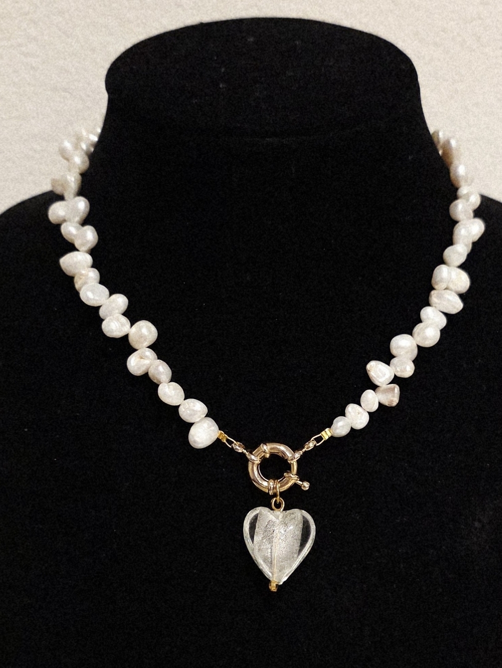 Eliou 18k Goldplated Pearl Necklace and a White Lamp Glass Heart Pendent New